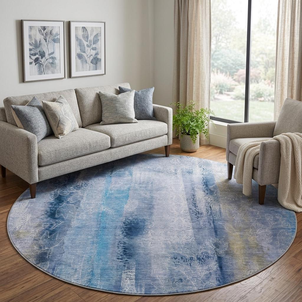 8' Blue And Denim Blue Abstract Shag Washable Round Rug With UV Protection - HomeRoots - Flyclothing LLC