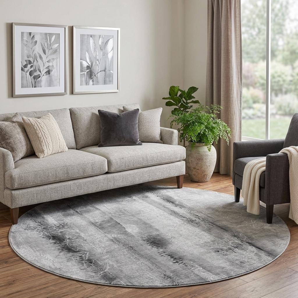 8' Gray And Ivory Abstract Shag Washable Round Rug With UV Protection - HomeRoots - Flyclothing LLC
