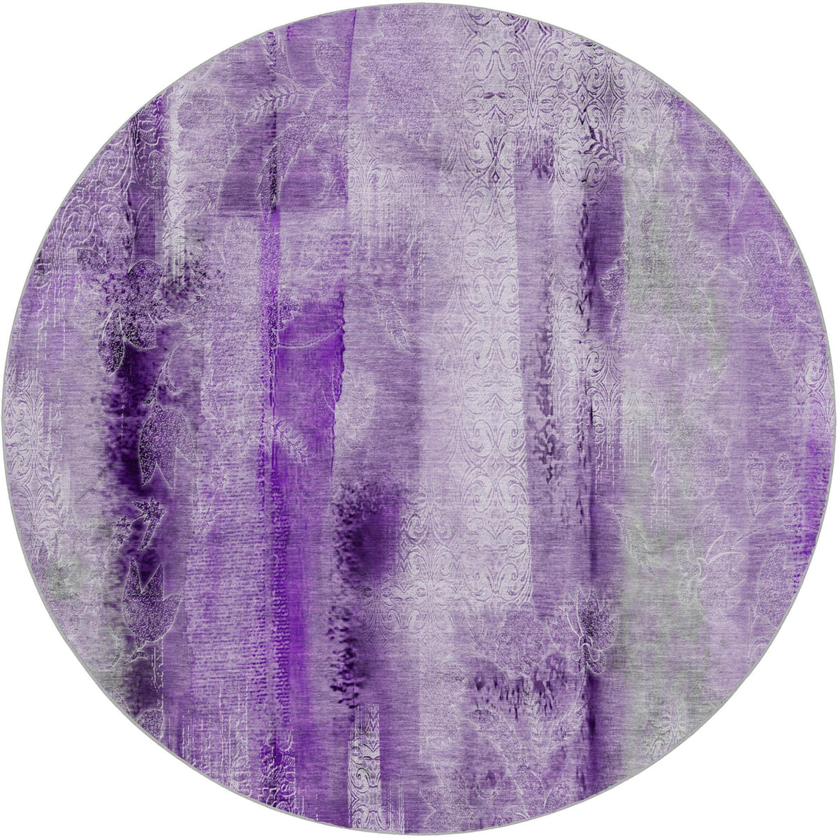 8' Purple And Ivory Abstract Shag Washable Round Rug With UV Protection - HomeRoots - Flyclothing LLC