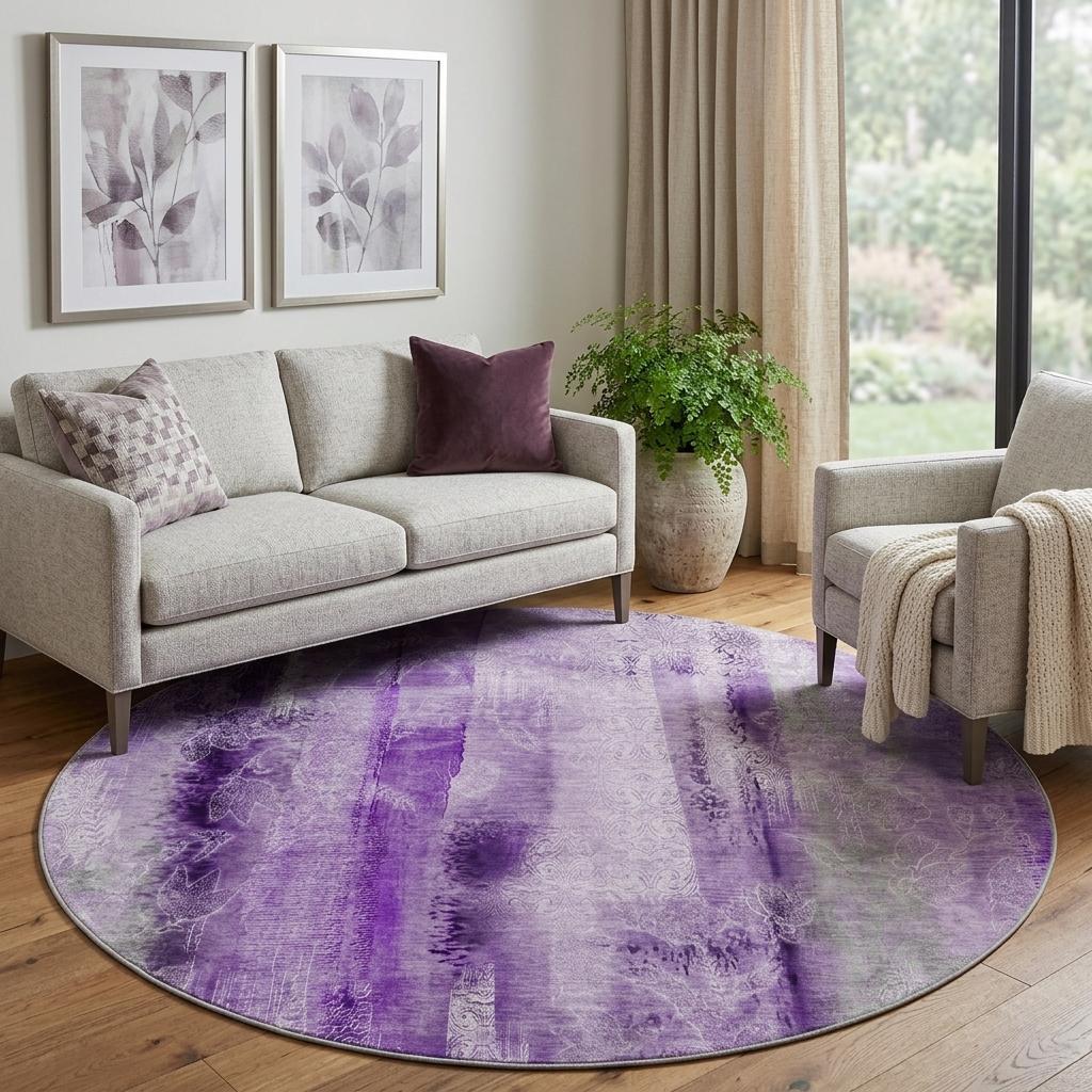 8' Purple And Ivory Abstract Shag Washable Round Rug With UV Protection - HomeRoots - Flyclothing LLC