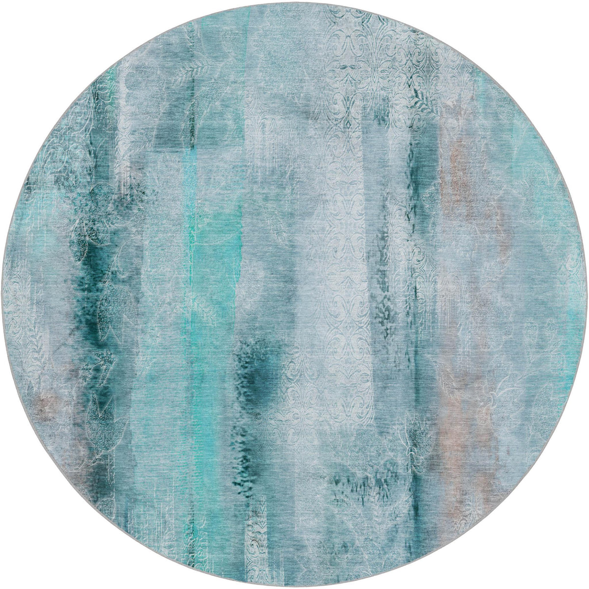8' Teal And Gray Abstract Shag Washable Round Rug With UV Protection - HomeRoots - Flyclothing LLC