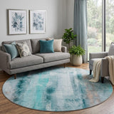 8' Teal And Gray Abstract Shag Washable Round Rug With UV Protection - HomeRoots - Flyclothing LLC