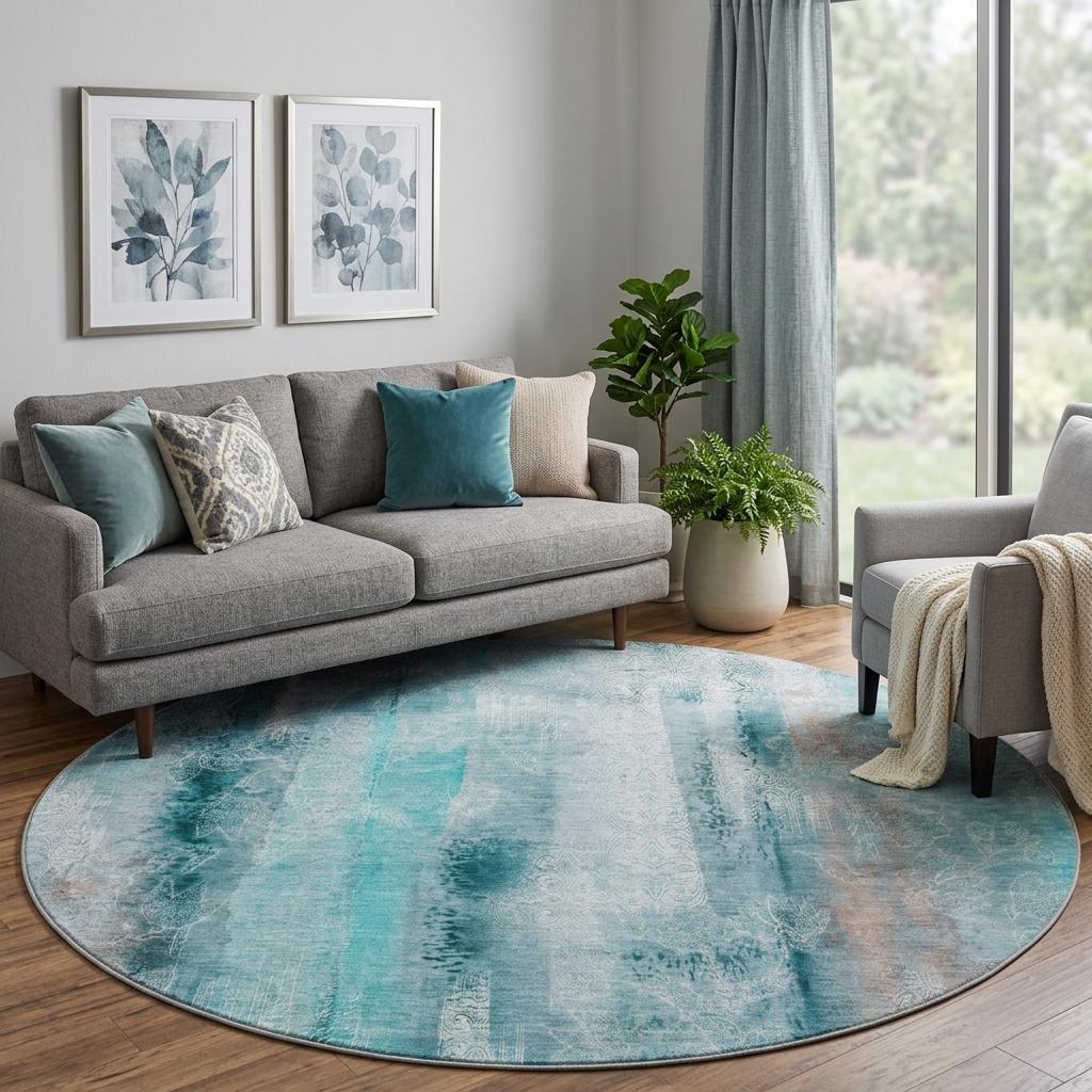 8' Teal And Gray Abstract Shag Washable Round Rug With UV Protection - HomeRoots - Flyclothing LLC