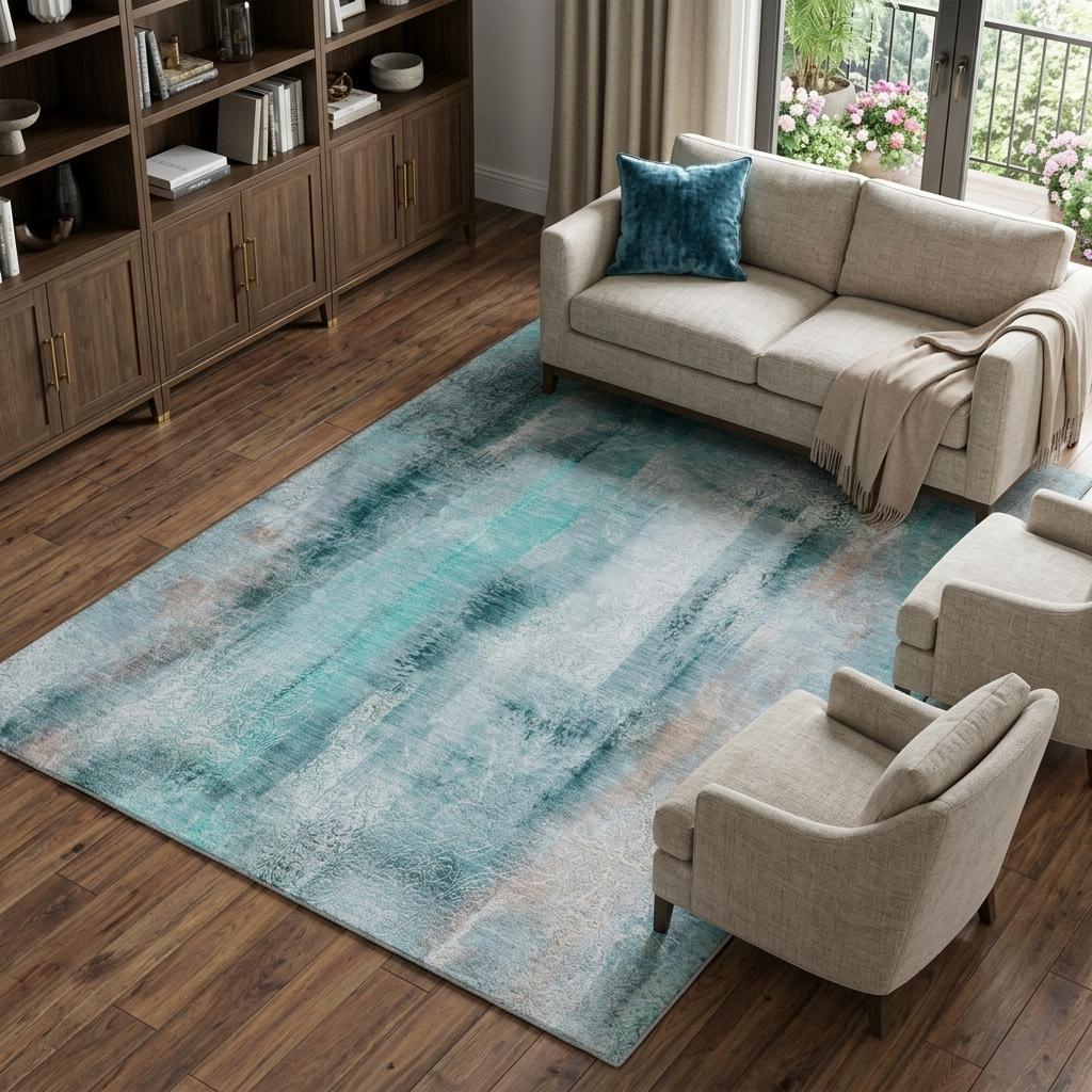 8' X 10' Teal And Gray Abstract Shag Washable Area Rug With UV Protection - HomeRoots - Flyclothing LLC