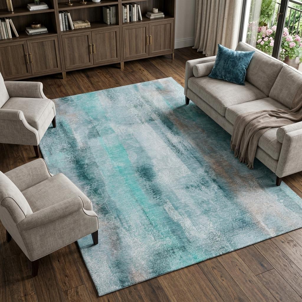 9' X 12' Teal And Gray Abstract Shag Washable Area Rug With UV Protection - HomeRoots - Flyclothing LLC