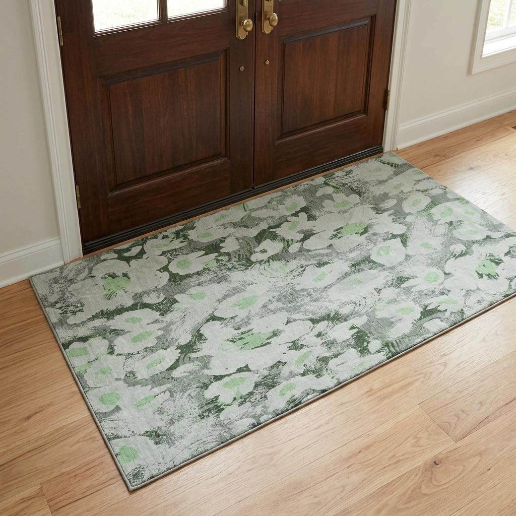 3' X 5' Green And Gray Floral Shag Washable Area Rug With UV Protection - HomeRoots - Flyclothing LLC
