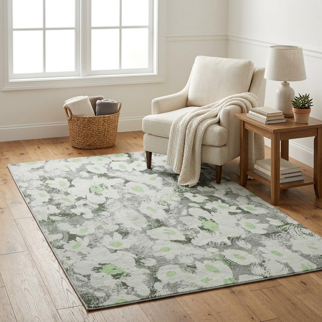 5' X 8' Green And Gray Floral Shag Washable Area Rug With UV Protection - HomeRoots - Flyclothing LLC