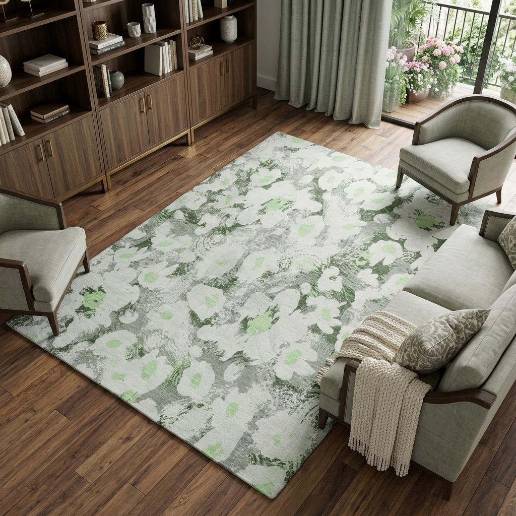 8' X 10' Green And Gray Floral Shag Washable Area Rug With UV Protection - HomeRoots - Flyclothing LLC