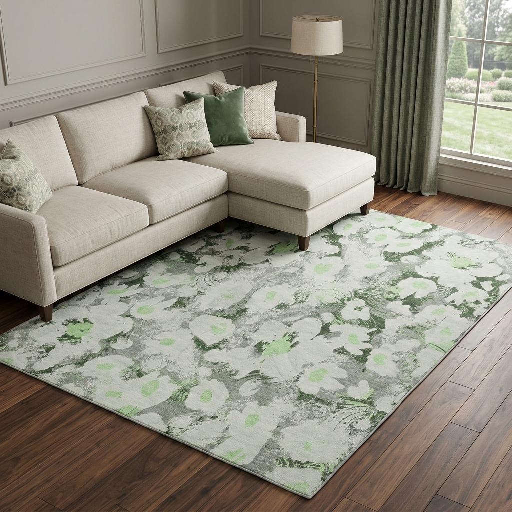 10' X 14' Green And Gray Floral Shag Washable Area Rug With UV Protection - HomeRoots - Flyclothing LLC