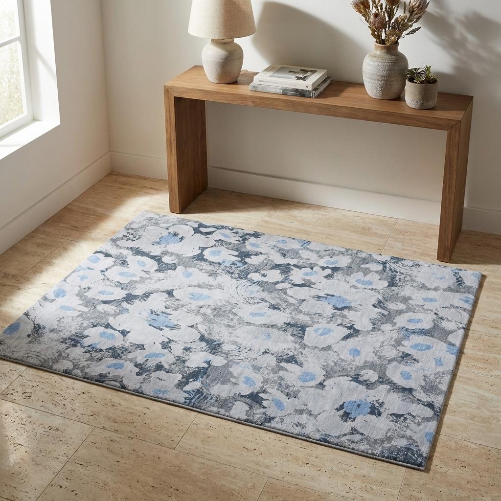 3' X 5' Denim Blue And Blue Floral Shag Washable Area Rug With UV Protection - HomeRoots - Flyclothing LLC