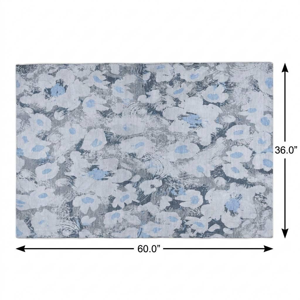 3' X 5' Denim Blue And Blue Floral Shag Washable Area Rug With UV Protection - HomeRoots - Flyclothing LLC