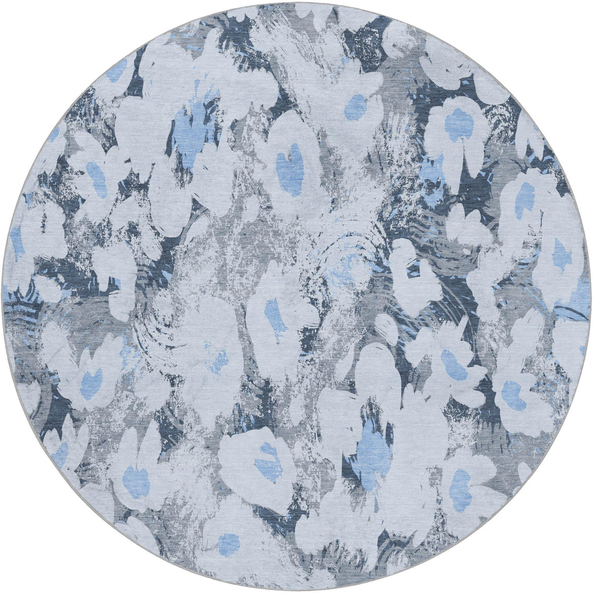 8' Denim Blue And Blue Floral Shag Washable Round Rug With UV Protection - HomeRoots - Flyclothing LLC