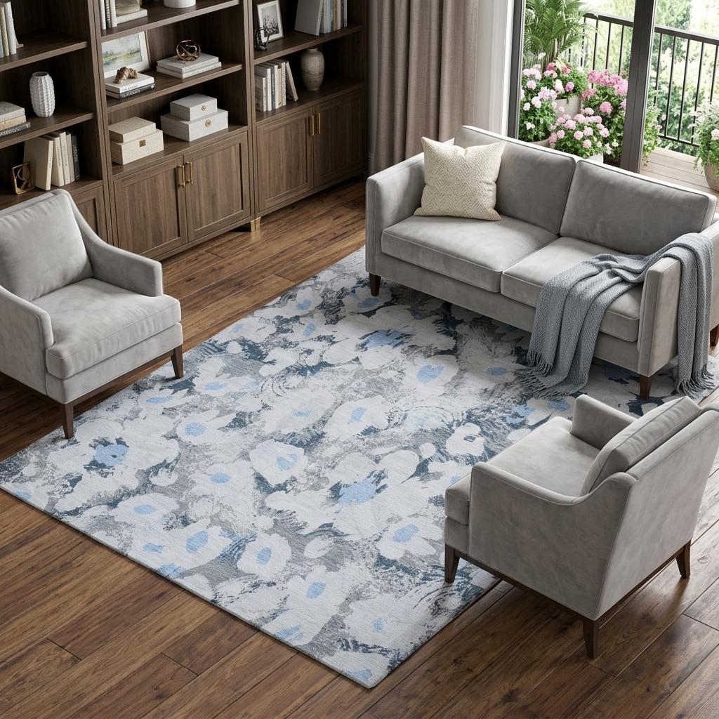 8' X 10' Denim Blue And Blue Floral Shag Washable Area Rug With UV Protection - HomeRoots - Flyclothing LLC