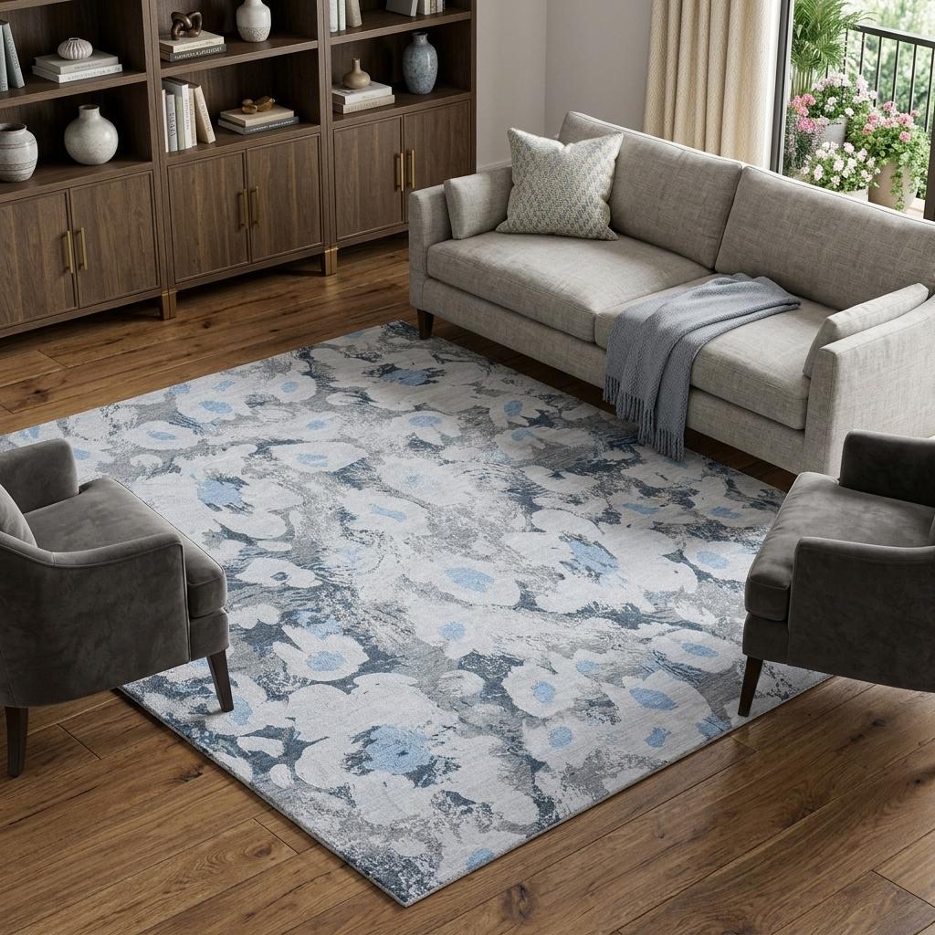 9' X 12' Denim Blue And Blue Floral Shag Washable Area Rug With UV Protection - HomeRoots - Flyclothing LLC