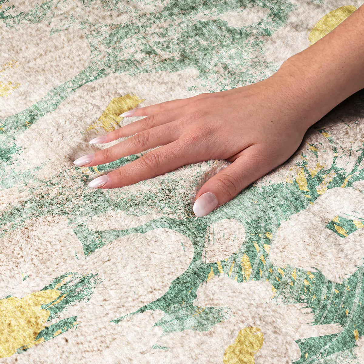 3' X 5' Green And Gold Floral Shag Washable Area Rug With UV Protection - HomeRoots - Flyclothing LLC