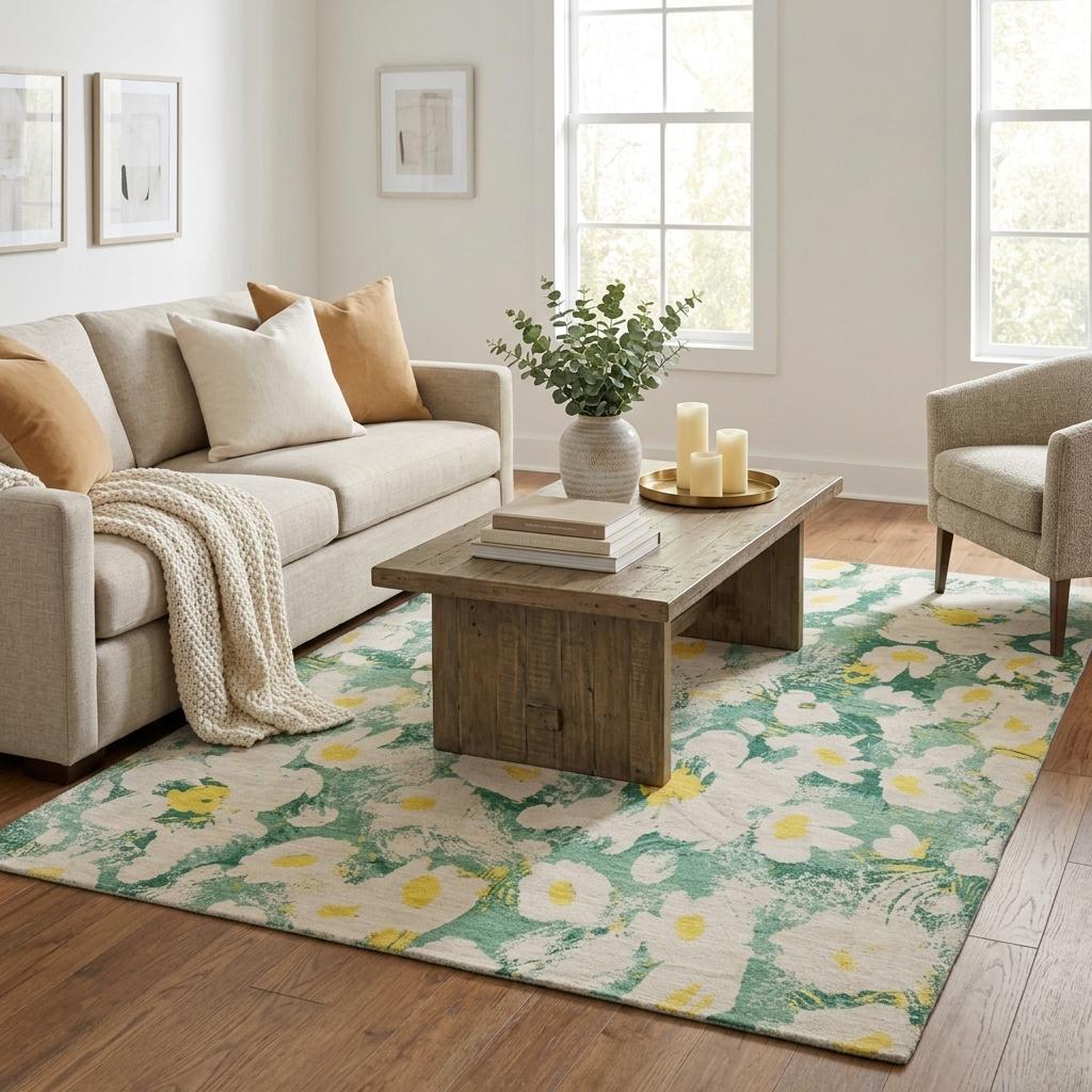 5' X 8' Green And Gold Floral Shag Washable Area Rug With UV Protection - HomeRoots - Flyclothing LLC