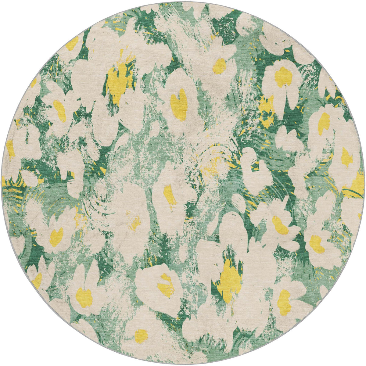 8' Green And Gold Floral Shag Washable Round Rug With UV Protection - HomeRoots - Flyclothing LLC