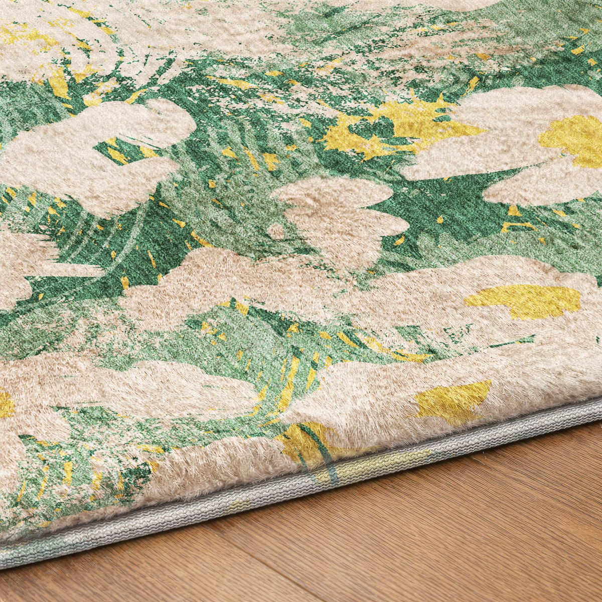 8' Green And Gold Floral Shag Washable Round Rug With UV Protection - HomeRoots - Flyclothing LLC