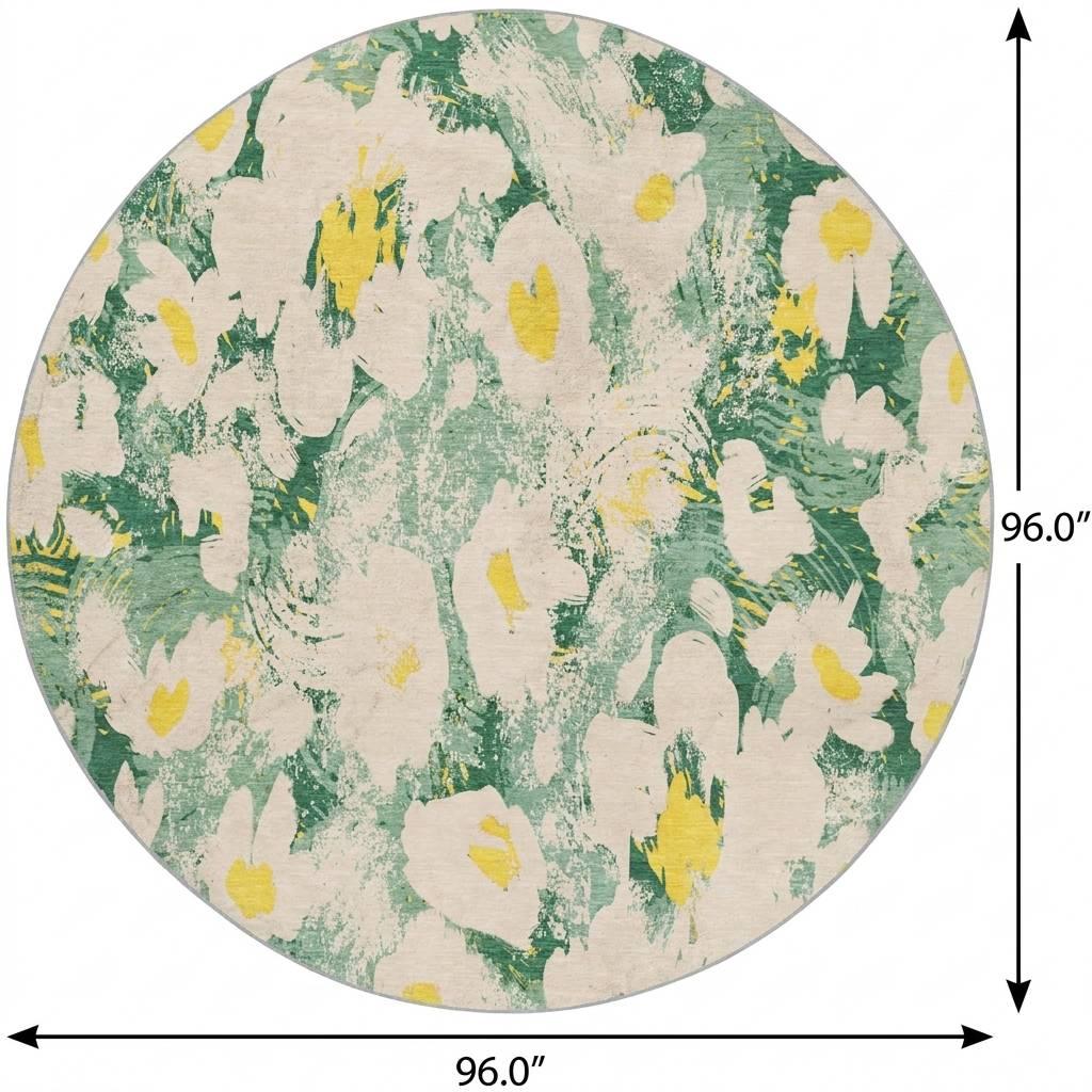 8' Green And Gold Floral Shag Washable Round Rug With UV Protection - HomeRoots - Flyclothing LLC