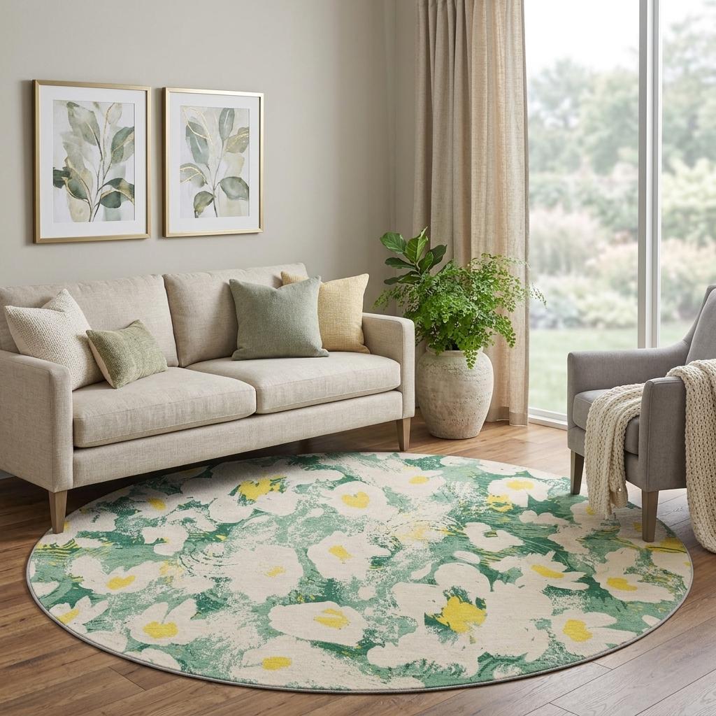 8' Green And Gold Floral Shag Washable Round Rug With UV Protection - HomeRoots - Flyclothing LLC