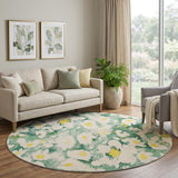 8' Green And Gold Floral Shag Washable Round Rug With UV Protection - HomeRoots - Flyclothing LLC