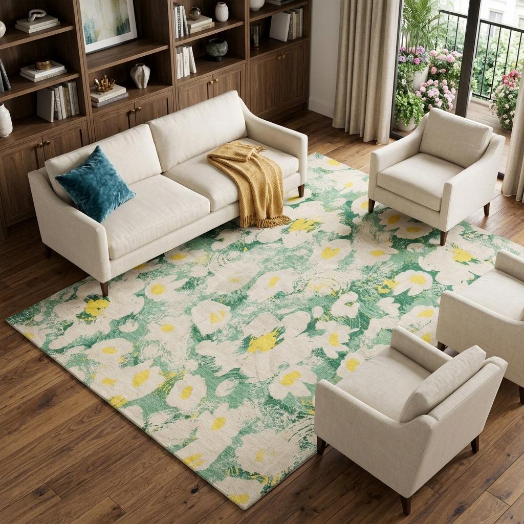 9' X 12' Green And Gold Floral Shag Washable Area Rug With UV Protection - HomeRoots - Flyclothing LLC
