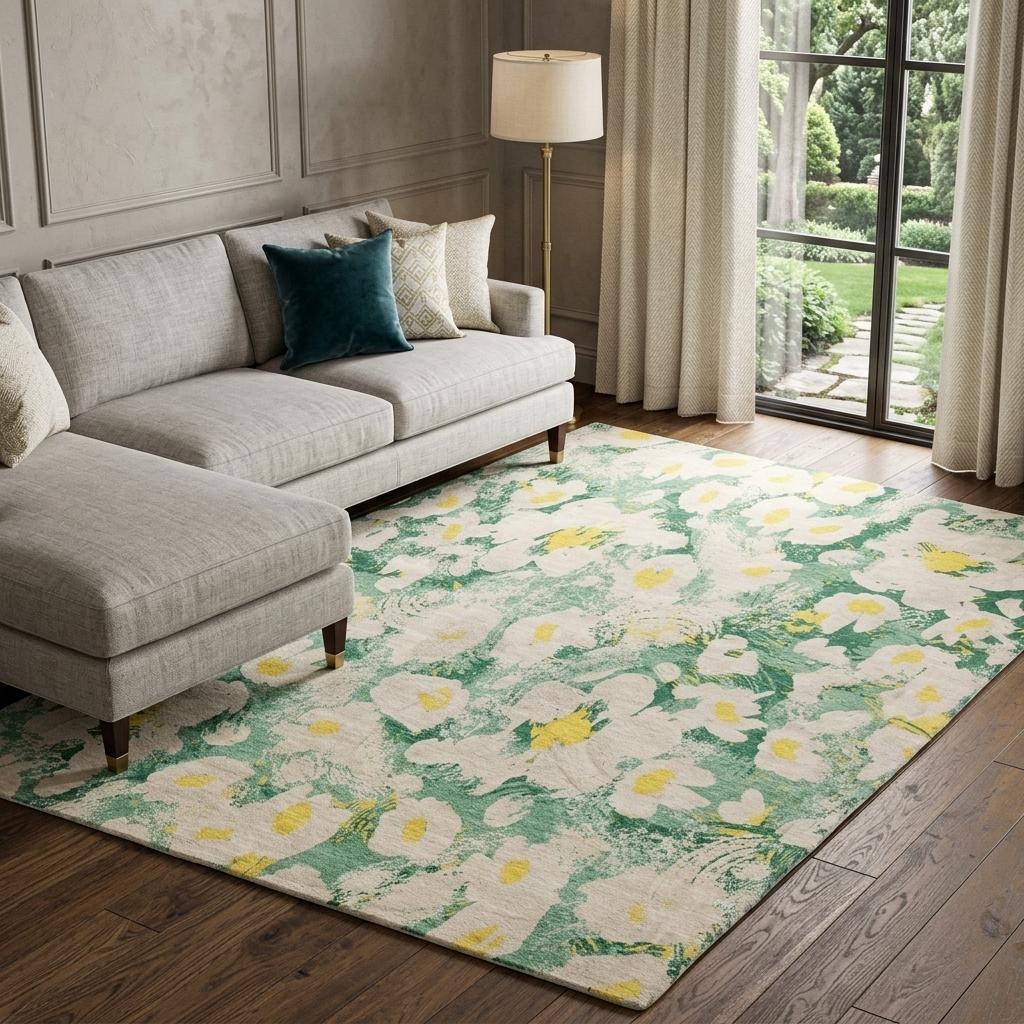 10' X 14' Green And Gold Floral Shag Washable Area Rug With UV Protection - HomeRoots - Flyclothing LLC