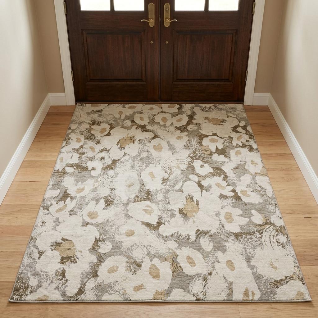 3' X 5' Khaki And Brown Floral Shag Washable Area Rug With UV Protection - HomeRoots - Flyclothing LLC