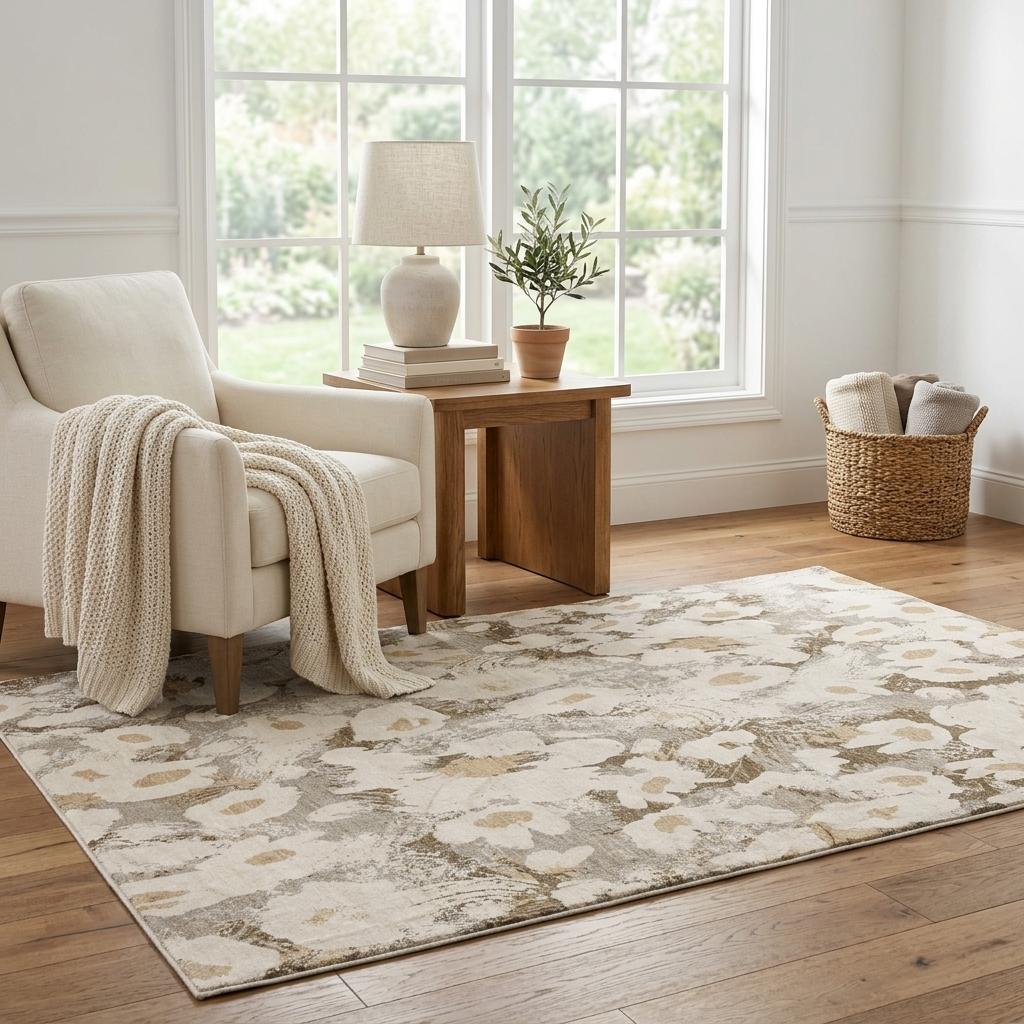 5' X 8' Khaki And Brown Floral Shag Washable Area Rug With UV Protection - HomeRoots - Flyclothing LLC