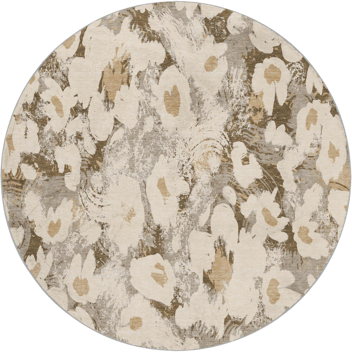 8' Khaki And Brown Floral Shag Washable Round Rug With UV Protection - HomeRoots - Flyclothing LLC