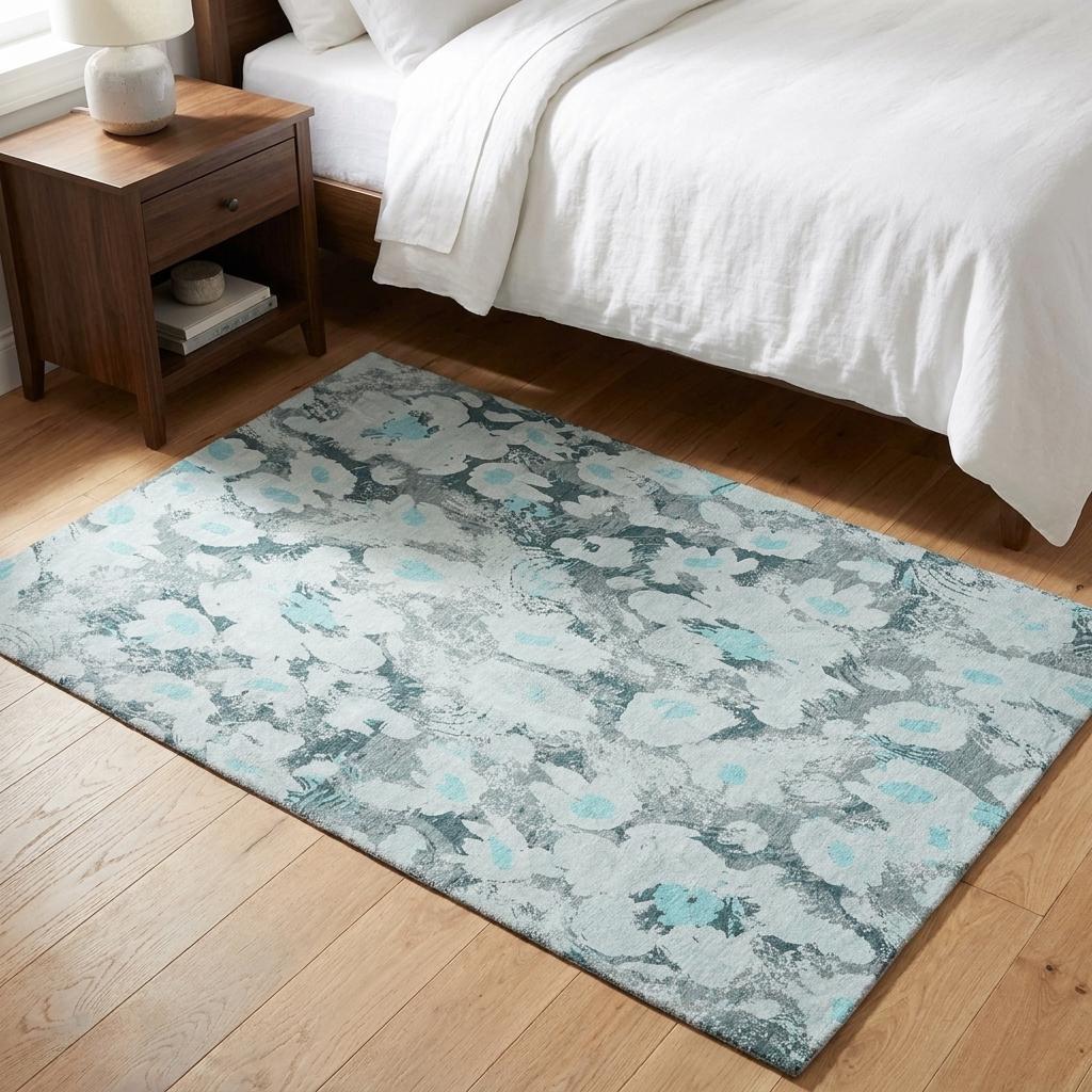 3' X 5' Teal And Gray Floral Shag Washable Area Rug With UV Protection - HomeRoots - Flyclothing LLC