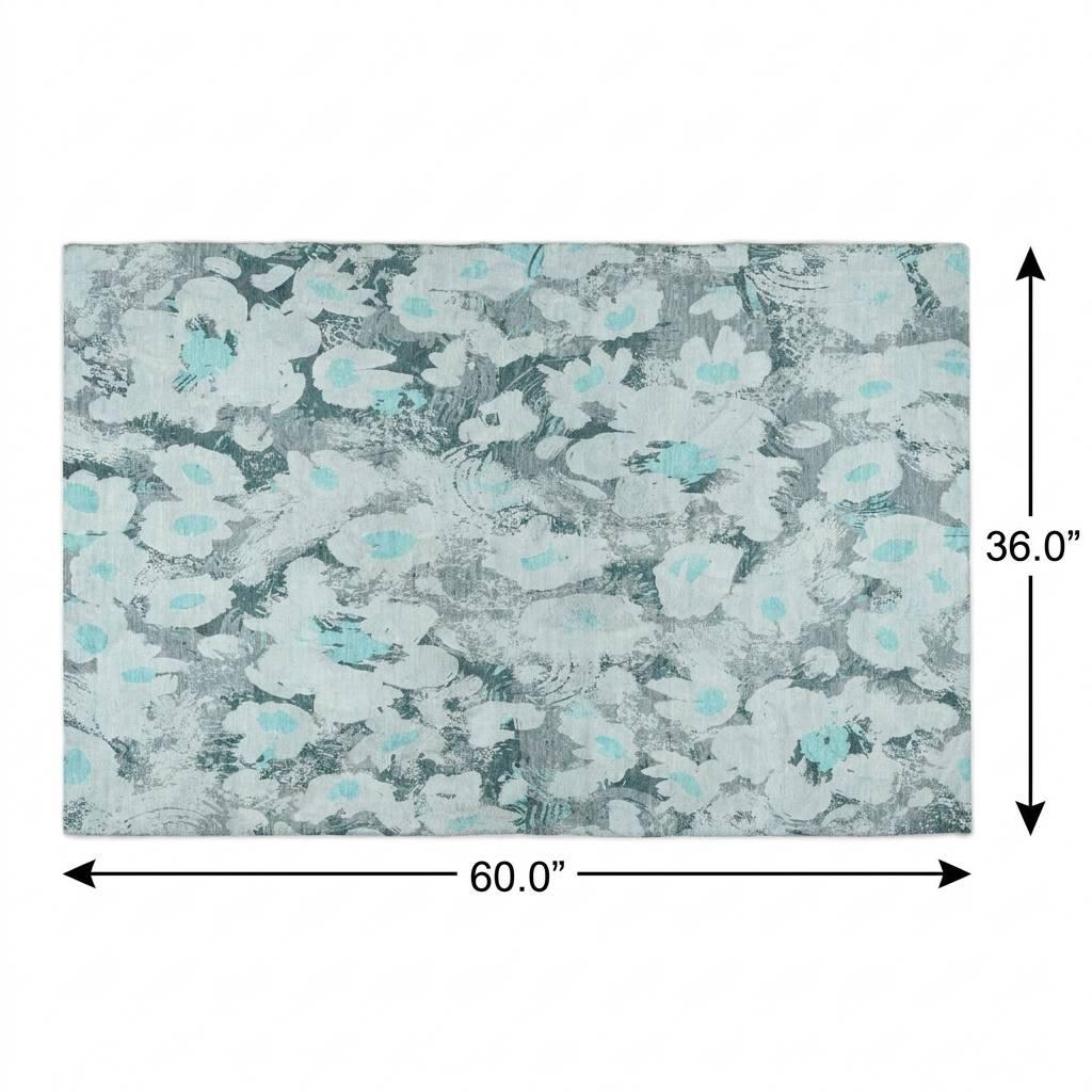 3' X 5' Teal And Gray Floral Shag Washable Area Rug With UV Protection - HomeRoots - Flyclothing LLC