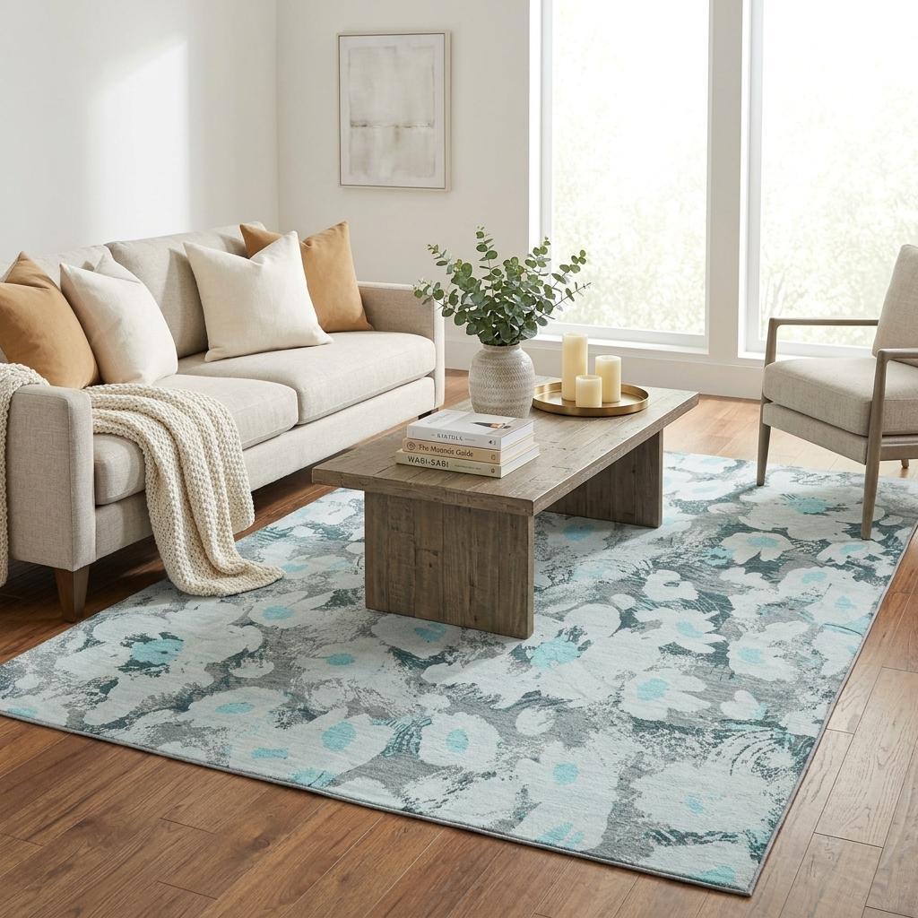 5' X 8' Teal And Gray Floral Shag Washable Area Rug With UV Protection - HomeRoots - Flyclothing LLC