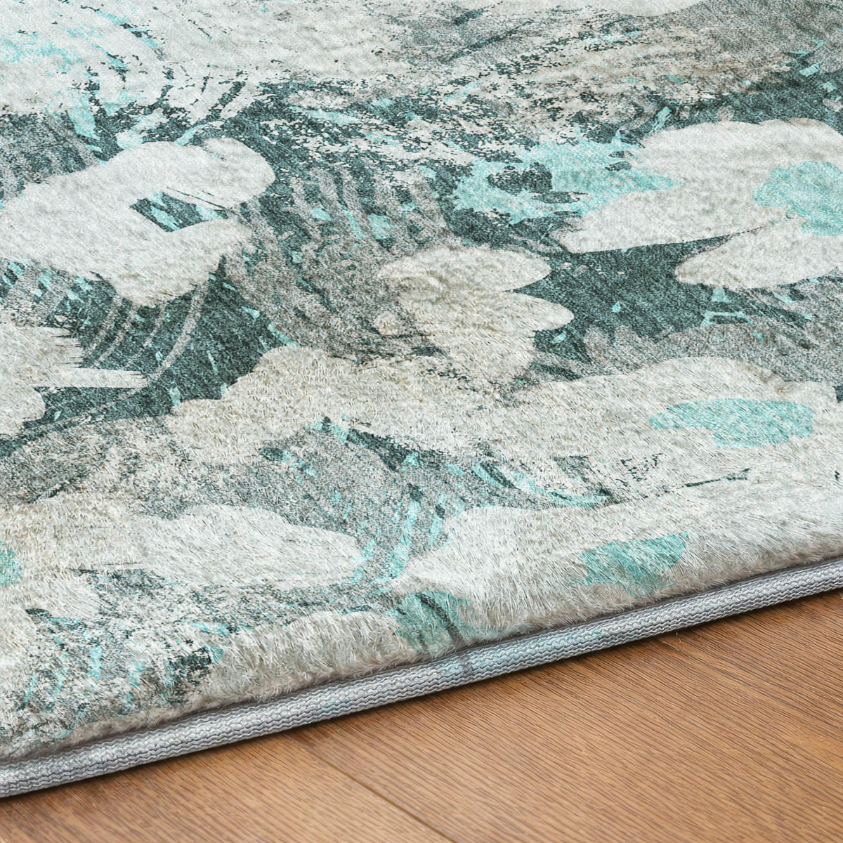 5' X 8' Teal And Gray Floral Shag Washable Area Rug With UV Protection - HomeRoots - Flyclothing LLC