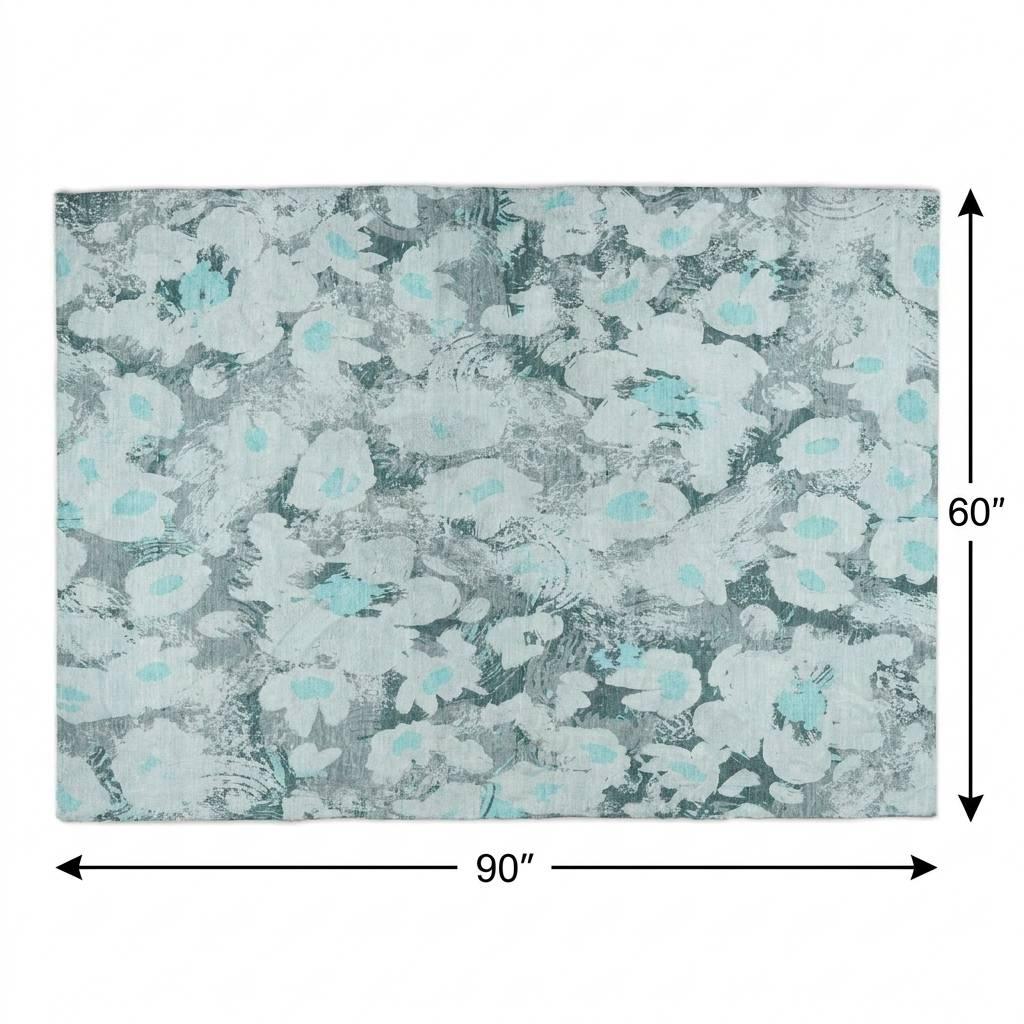 5' X 8' Teal And Gray Floral Shag Washable Area Rug With UV Protection - HomeRoots - Flyclothing LLC