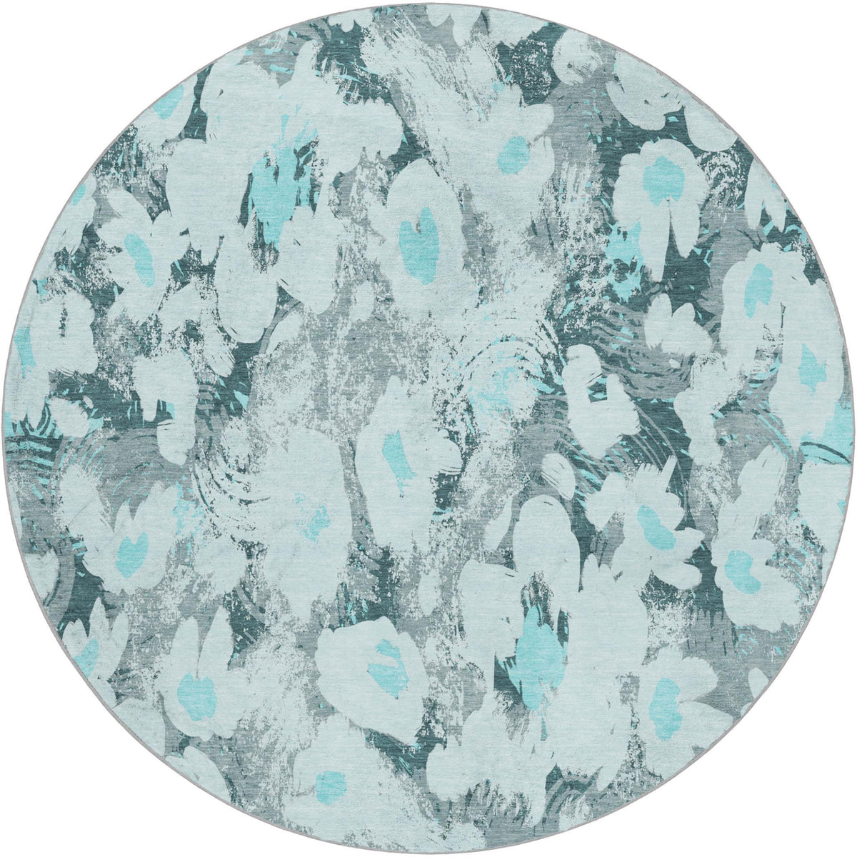 8' Teal And Gray Floral Shag Washable Round Rug With UV Protection - HomeRoots - Flyclothing LLC