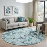 8' Teal And Gray Floral Shag Washable Round Rug With UV Protection - HomeRoots - Flyclothing LLC