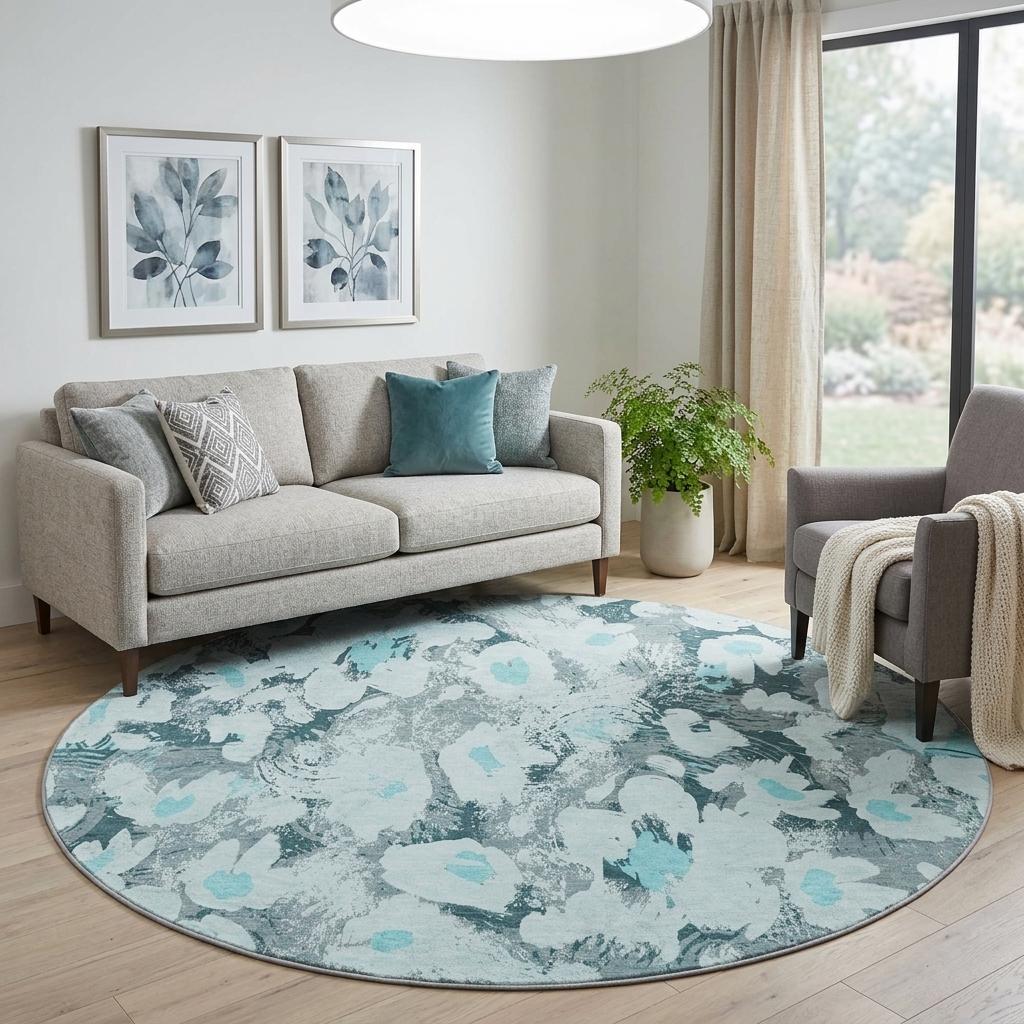 8' Teal And Gray Floral Shag Washable Round Rug With UV Protection - HomeRoots - Flyclothing LLC