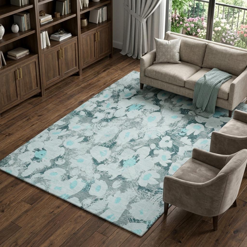 8' X 10' Teal And Gray Floral Shag Washable Area Rug With UV Protection - HomeRoots - Flyclothing LLC