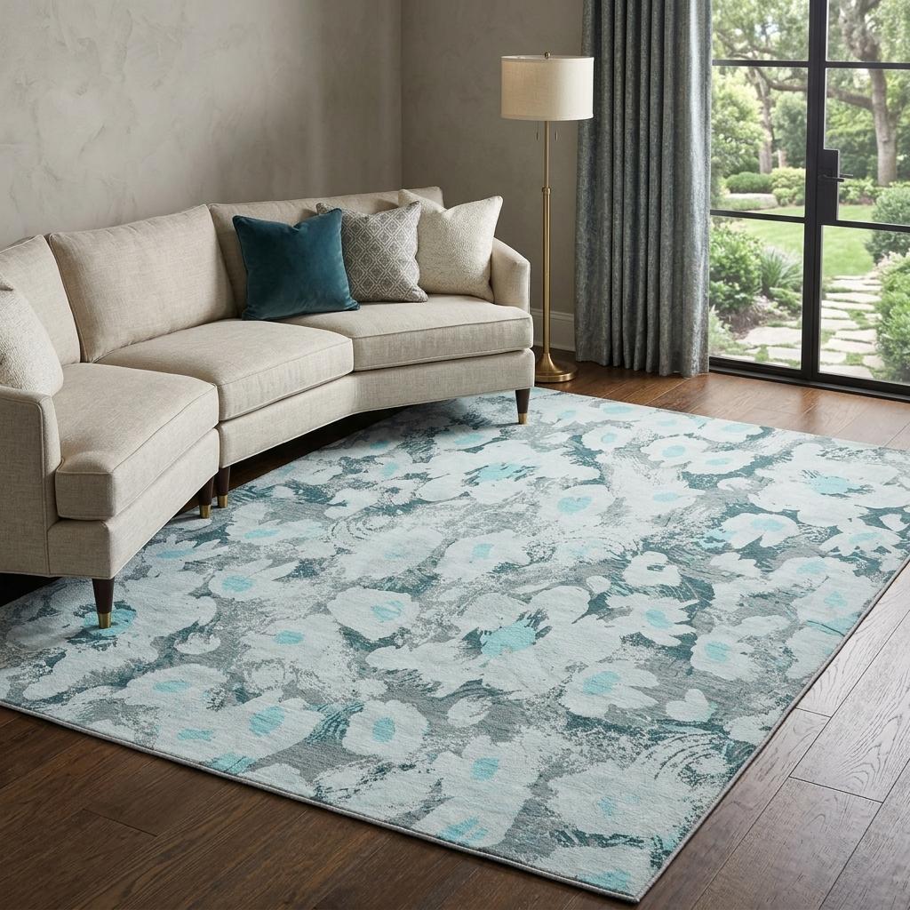 9' X 12' Teal And Gray Floral Shag Washable Area Rug With UV Protection - HomeRoots - Flyclothing LLC
