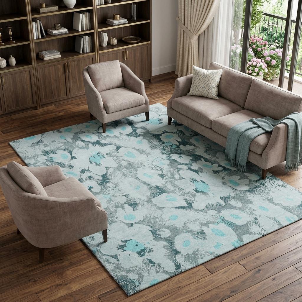 10' X 14' Teal And Gray Floral Shag Washable Area Rug With UV Protection - HomeRoots - Flyclothing LLC
