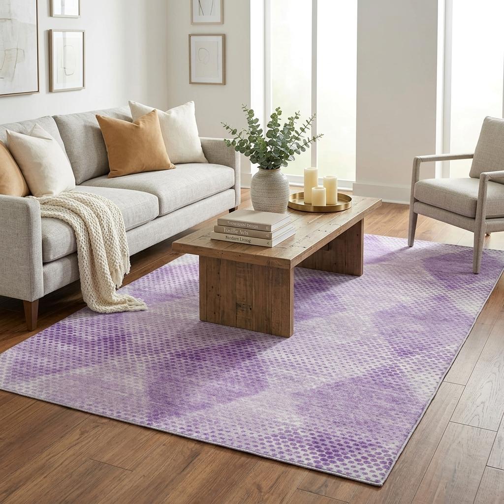 5' X 8' Lavender And Ivory Geometric Shag Washable Area Rug With UV Protection - HomeRoots - Flyclothing LLC