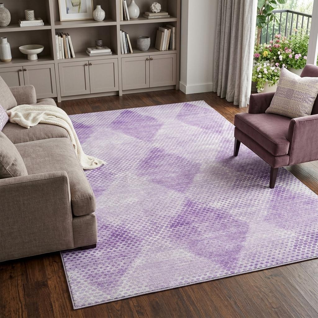 9' X 12' Lavender And Ivory Geometric Shag Washable Area Rug With UV Protection - HomeRoots - Flyclothing LLC