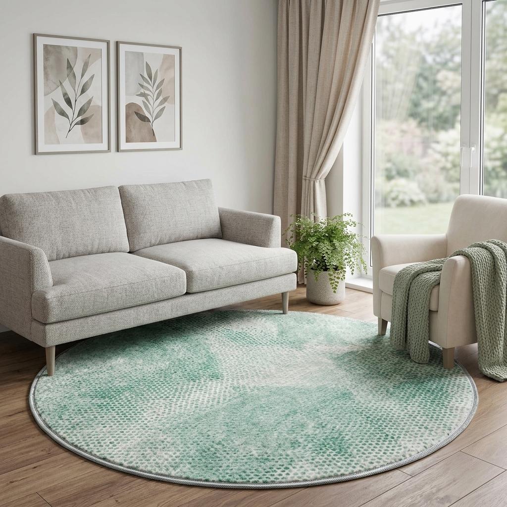 8' Teal And Ivory Geometric Shag Washable Round Rug With UV Protection - HomeRoots - Flyclothing LLC