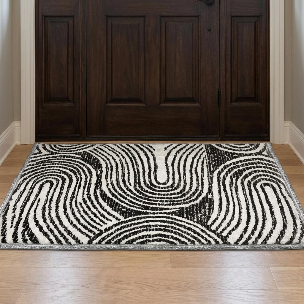 3' X 5' Black And Ivory Geometric Shag Washable Area Rug With UV Protection - HomeRoots - Flyclothing LLC