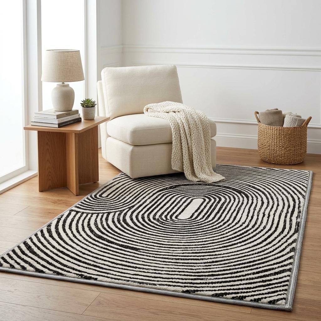 5' X 8' Black And Ivory Geometric Shag Washable Area Rug With UV Protection - HomeRoots - Flyclothing LLC