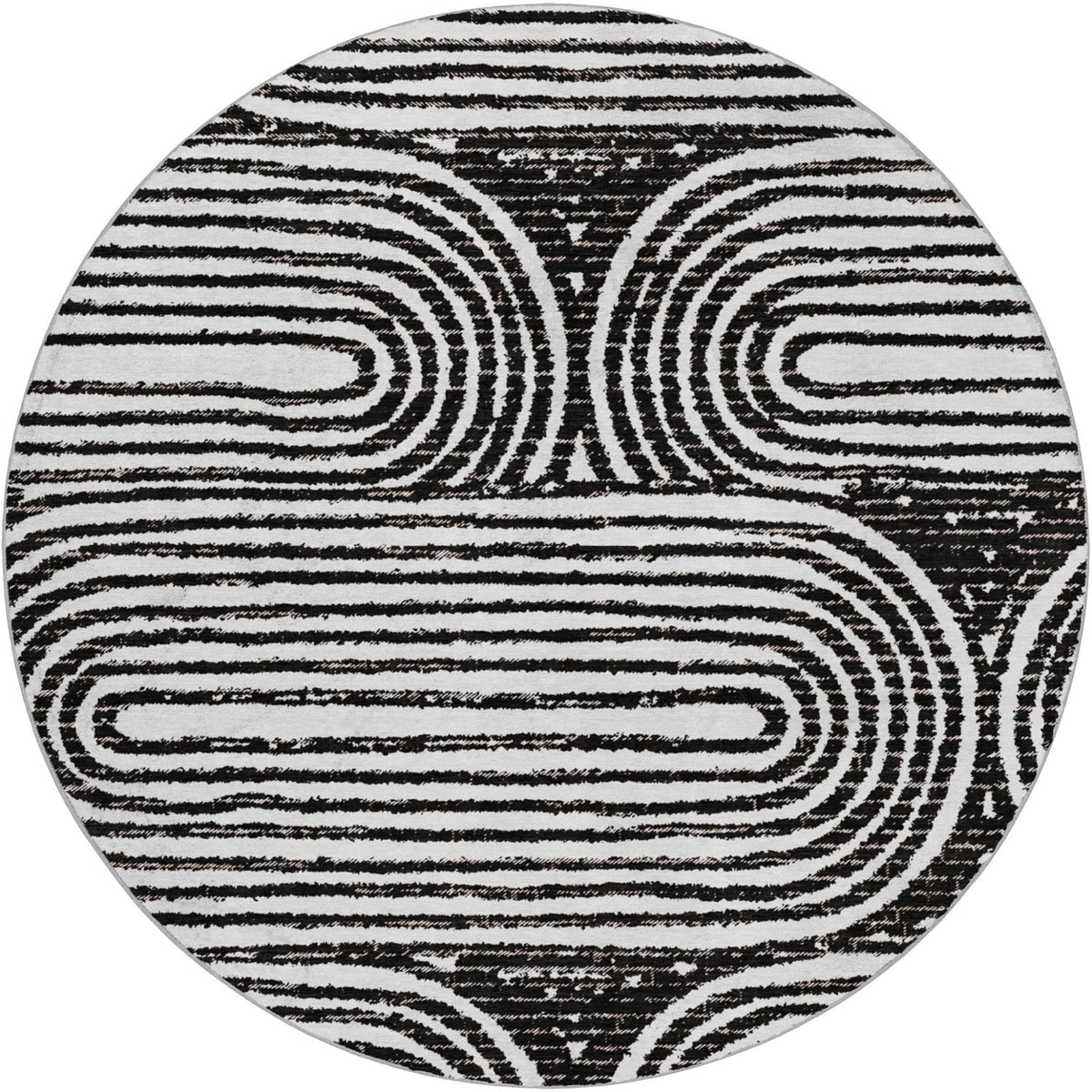 8' Black And Ivory Geometric Shag Washable Round Rug With UV Protection - HomeRoots - Flyclothing LLC