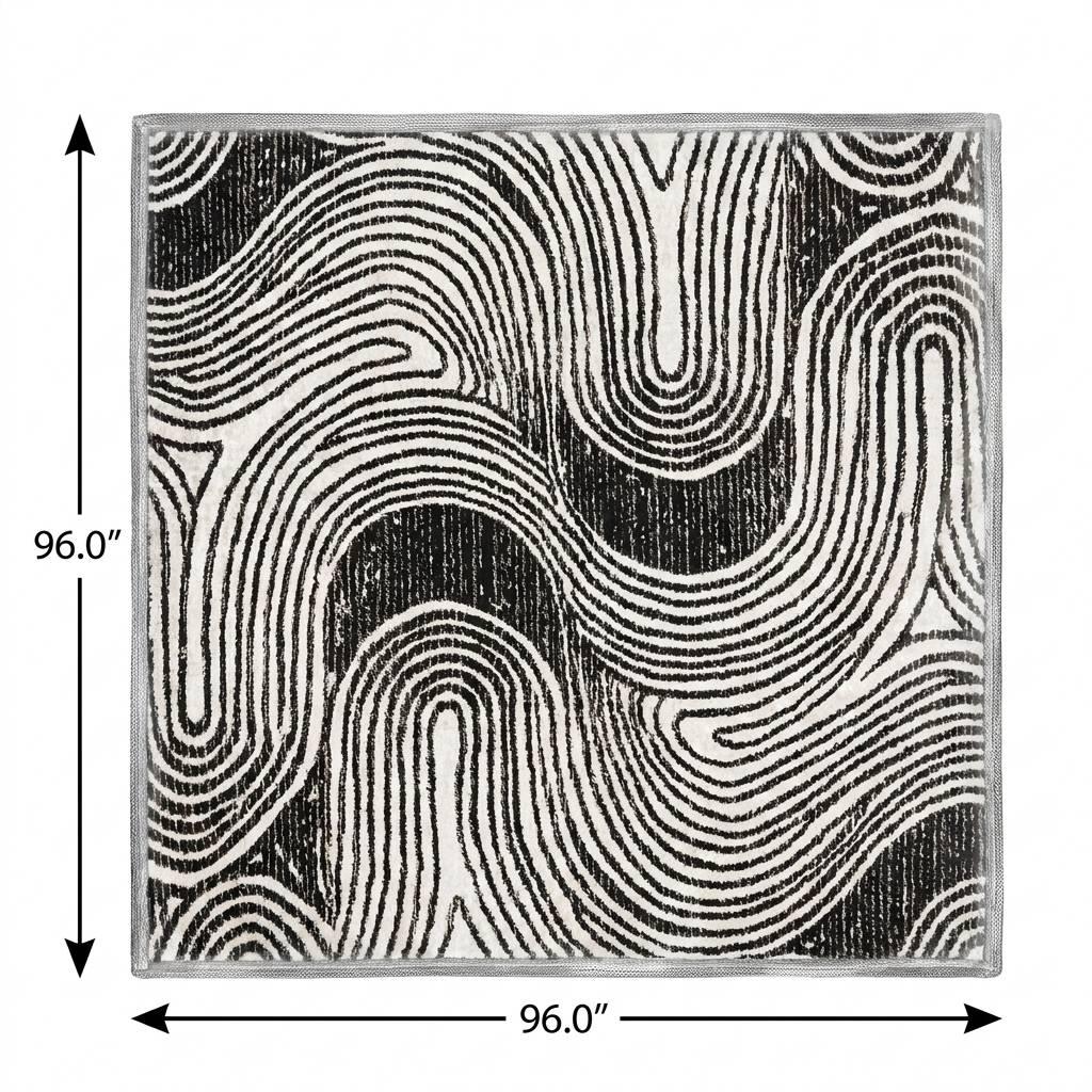 8' Black And Ivory Geometric Shag Washable Round Rug With UV Protection - HomeRoots - Flyclothing LLC