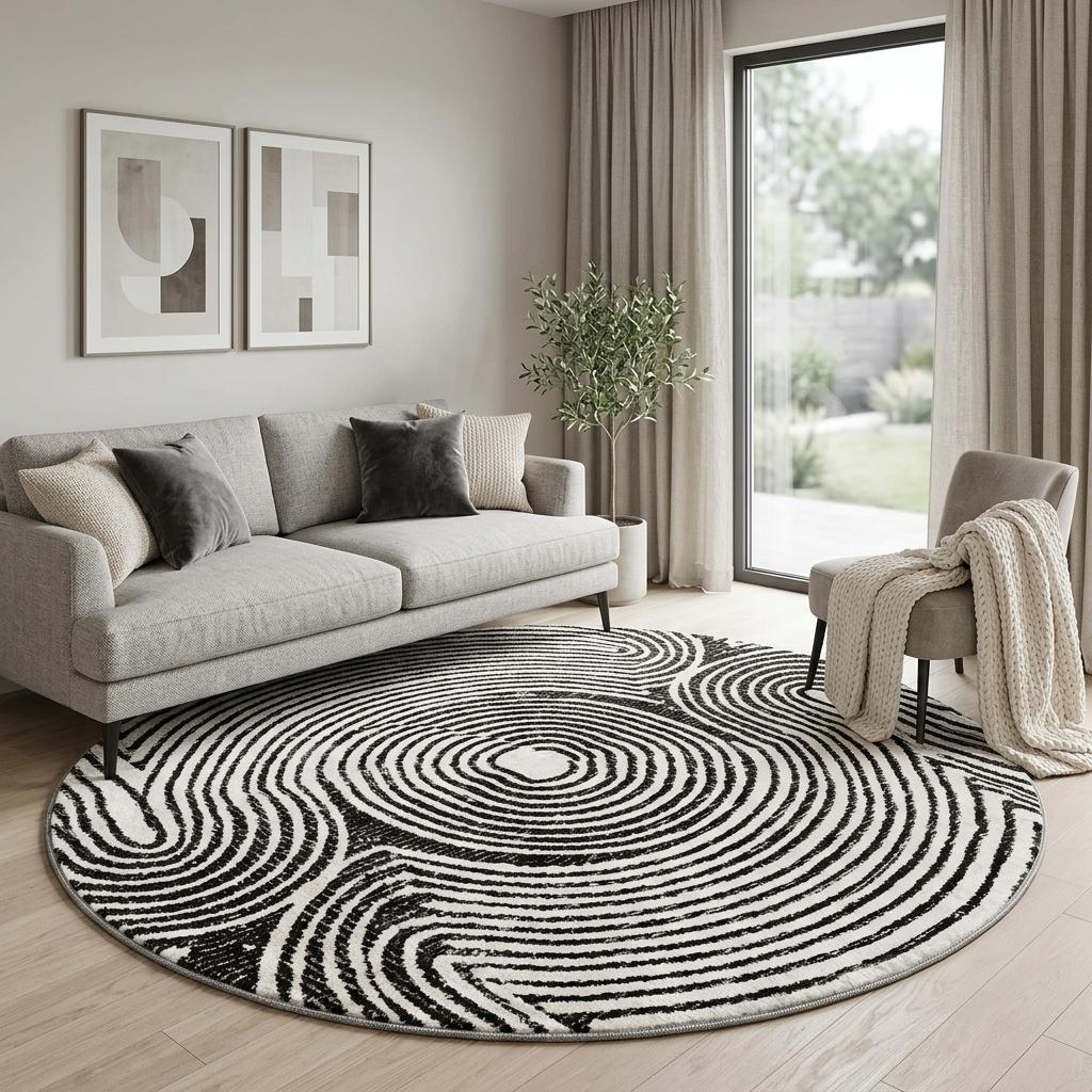 8' Black And Ivory Geometric Shag Washable Round Rug With UV Protection - HomeRoots - Flyclothing LLC
