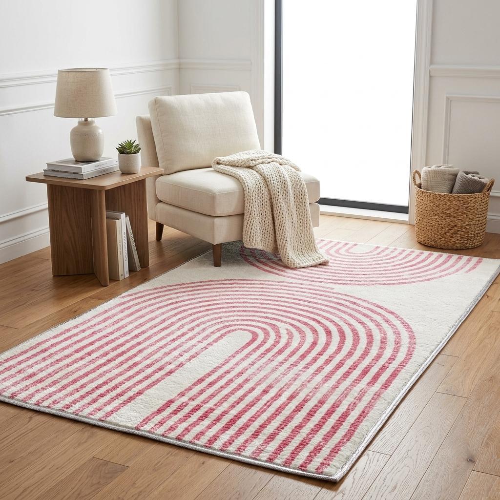 5' X 8' Blush And Ivory Geometric Shag Washable Area Rug With UV Protection - HomeRoots - Flyclothing LLC
